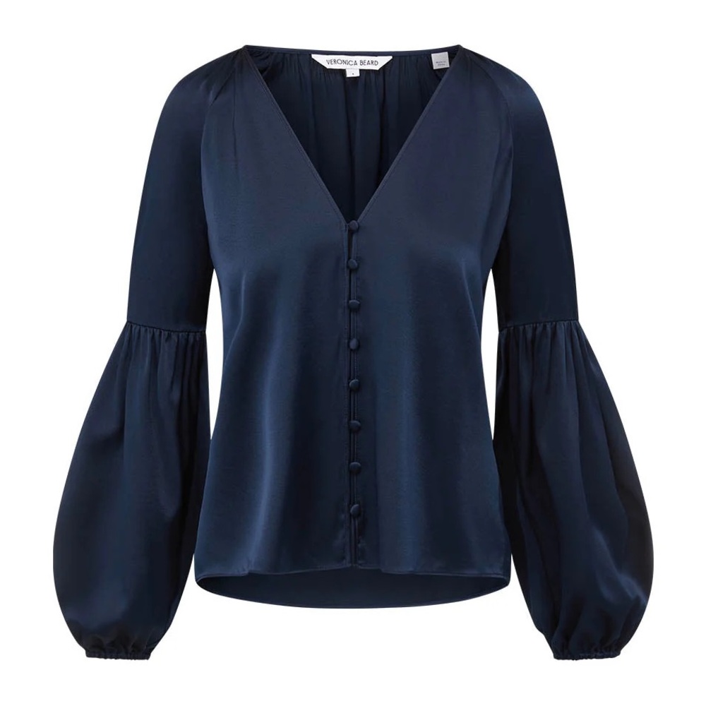 Veronica Beard Navy Button-Front V-Neck Blouse